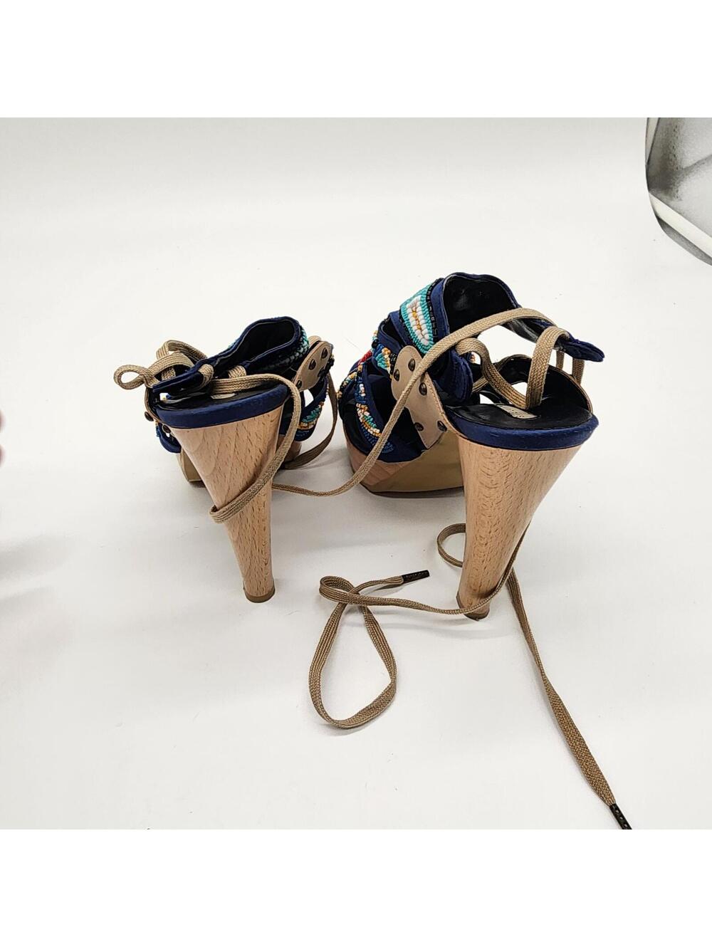 Stella McCartney Multi Color Beaded Blue Satin High Leg Lug Sole Sandal Sz 36.5 - Picture 6 of 8